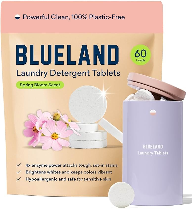 BLUELAND Laundry Detergent Tablets, Starter Set, Spring Bloom Scent, 60 Count with Tin, Plastic-Free Eco-Friendly Pods, Sheets, Liquid Alternative - Natural, Gentle - Product Image