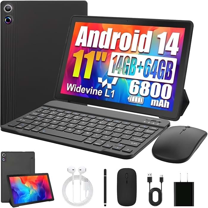 HiGrace Android Tablet, 14GB RAM+64GB ROM (TF 1TB), 11 inch Android 14 Octa-Core, 6800mAh, Widevine L1, WiFi 6, 8 in 1 Tablet with Keyboard, Mouse, Protective Case, Stylus, Headset, Charger- Black - Product Image