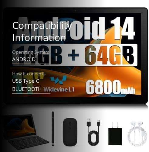 HiGrace Android Tablet, 14GB RAM+64GB ROM (TF 1TB), 11 inch Android 14 Octa-Core, 6800mAh, Widevine L1, WiFi 6, 8 in 1 Tablet with Keyboard, Mouse, Protective Case, Stylus, Headset, Charger- Black - Image 3