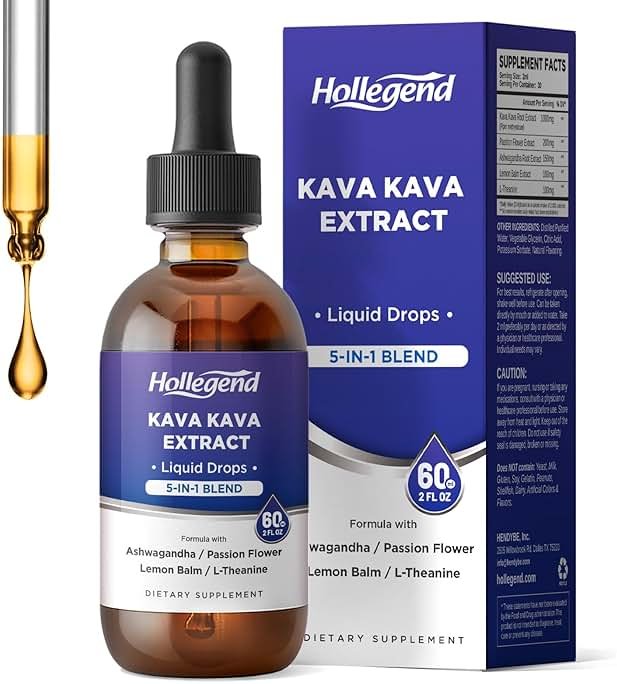 HOLLEGEND Kava Kava Root Extract Liquid Drops, 5 in 1 Blend with Ashwagandha, Lemon Balm, L-Theanine, Kava Tincture Supplement for Stress Relief, Sleep, Brain Health, 2 Fl Oz - Product Image