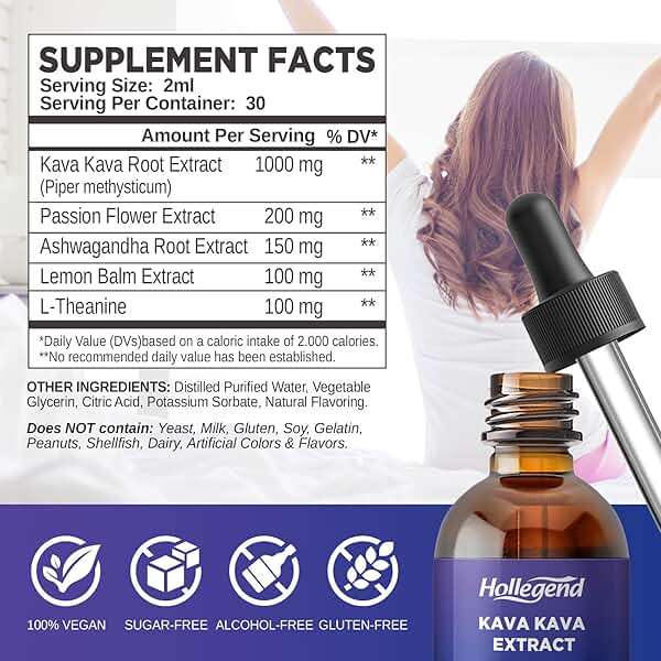 HOLLEGEND Kava Kava Root Extract Liquid Drops, 5 in 1 Blend with Ashwagandha, Lemon Balm, L-Theanine, Kava Tincture Supplement for Stress Relief, Sleep, Brain Health, 2 Fl Oz - Image 2