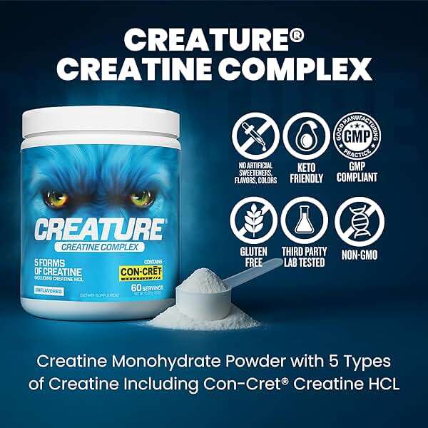 CREATURE® Creatine Complex - Creatine Monohydrate Powder with 5 Types of Creatine Including Con-Crēt® Creatine HCL, Promotes Muscle, Strength, Endurance, Brain Health, Unflavored, 300g 60 Servings - Image 2
