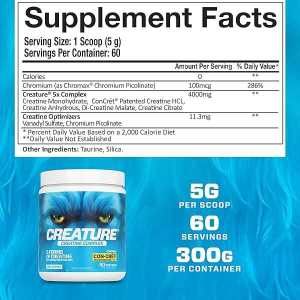 CREATURE® Creatine Complex - Creatine Monohydrate Powder with 5 Types of Creatine Including Con-Crēt® Creatine HCL, Promotes Muscle, Strength, Endurance, Brain Health, Unflavored, 300g 60 Servings - Image 4