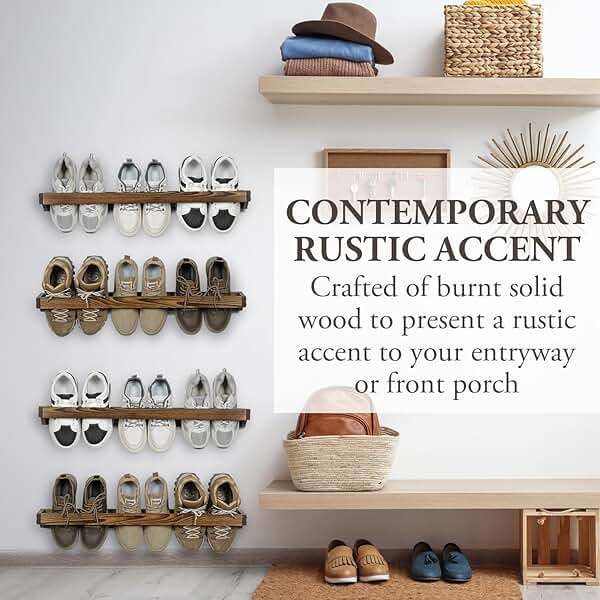 MyGift 30 Inch Rustic Burnt Solid Wood Hanging Shoe Rack, Set of 4 Wall Mounted Storage Organizer Footwear Holder for Closet, Mudroom, Entryway, Holds 12 Pairs - Image 2