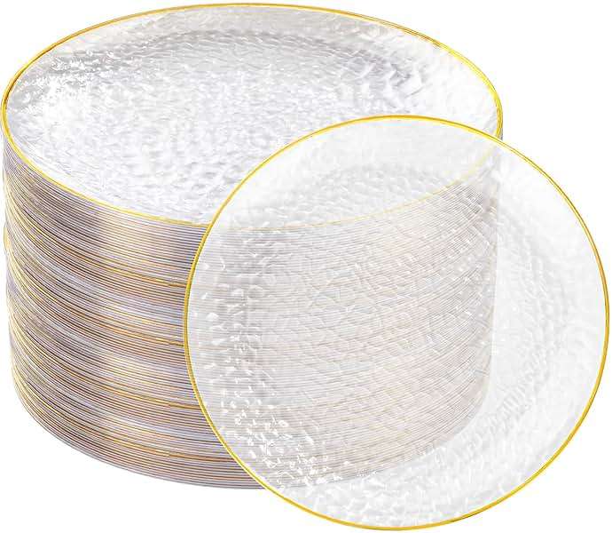 Rubtlamp 100 Pcs Gold Plastic Plates, 10 inch Clear Gold Dinner Plates, Hammer Pattern Design, Fancy Disposable Plate, Heavy Duty Party Plate Ideal for Party - Image 1