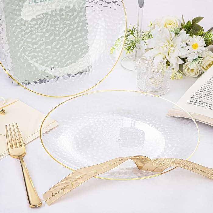Rubtlamp 100 Pcs Gold Plastic Plates, 10 inch Clear Gold Dinner Plates, Hammer Pattern Design, Fancy Disposable Plate, Heavy Duty Party Plate Ideal for Party - Image 4