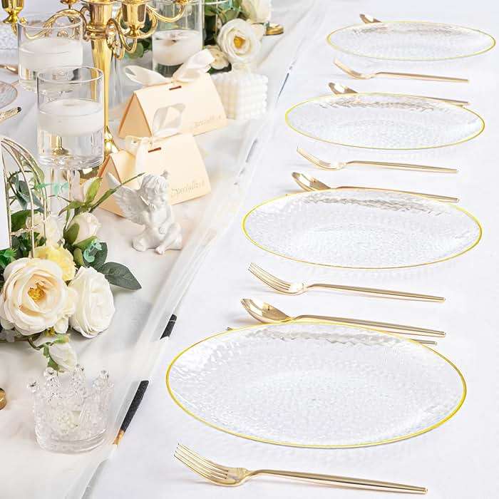 Rubtlamp 100 Pcs Gold Plastic Plates, 10 inch Clear Gold Dinner Plates, Hammer Pattern Design, Fancy Disposable Plate, Heavy Duty Party Plate Ideal for Party - Image 6