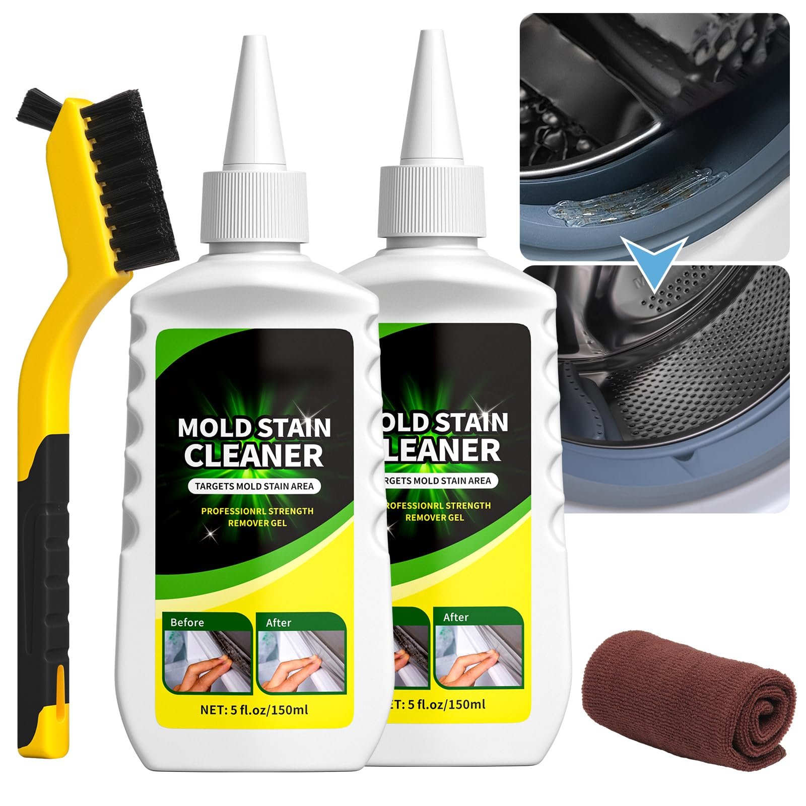 Home Remover Gel, 2 Pack Washing Machine Cleaner Stain Remover Gel for Front Loader Washing Machine Seal with Brush and Towel for Bathroom, Refrigerator Sealant, Wall, Tile Grout - Product Image