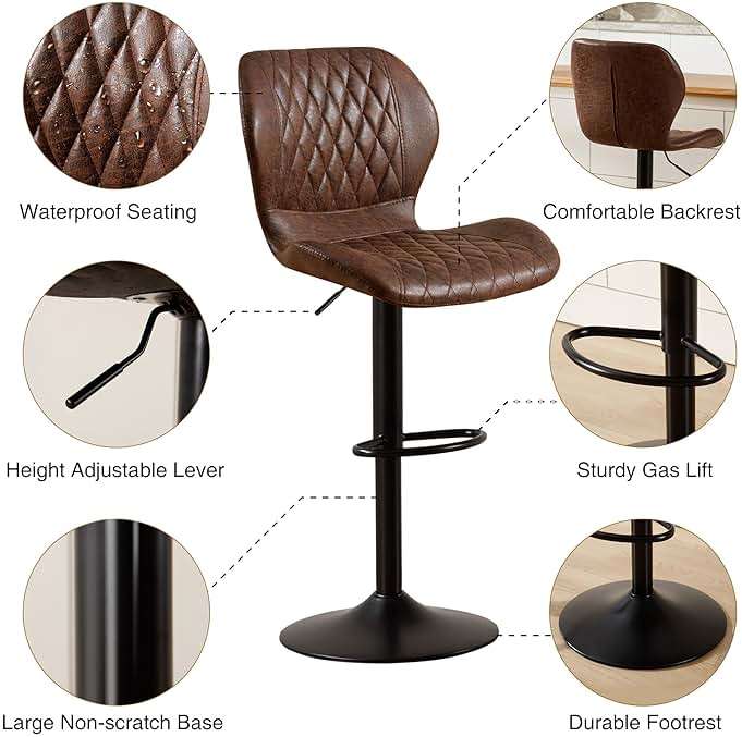 HOMYKA Bar Stools Set of 2, Modern Swivel Counter Height Barstools for Kitchen Island Chairs, Adjustable Fabric Bar Stools with Back for Kitchen Counter Bar, Brown - Image 7