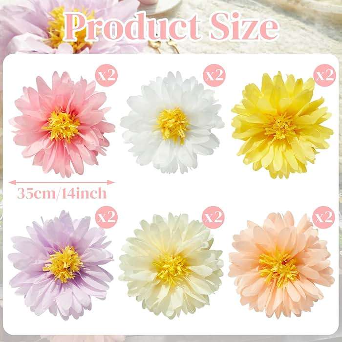 12 Pcs Daisy Tissue Paper Pom Poms Party Decorations Colorful Tissue Flowers Spring Party Decoration Paper Flowers Decorations for Wall Backdrop Garden Wedding Decor - Image 2