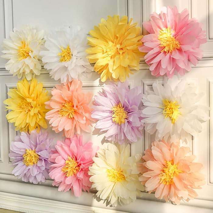 12 Pcs Daisy Tissue Paper Pom Poms Party Decorations Colorful Tissue Flowers Spring Party Decoration Paper Flowers Decorations for Wall Backdrop Garden Wedding Decor - Image 3