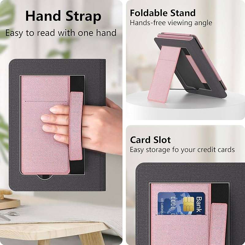 Lainergie Case for Kindle Paperwhite 7"/6.8" (12th/11th Gen, 2024/2021) & Kindle Colorsoft Signature Edition 2024, Slim PU Shell Cover with Stand, Hand Strap, Auto-Wake/Sleep Feature Not for TCL, Pink - Image 4