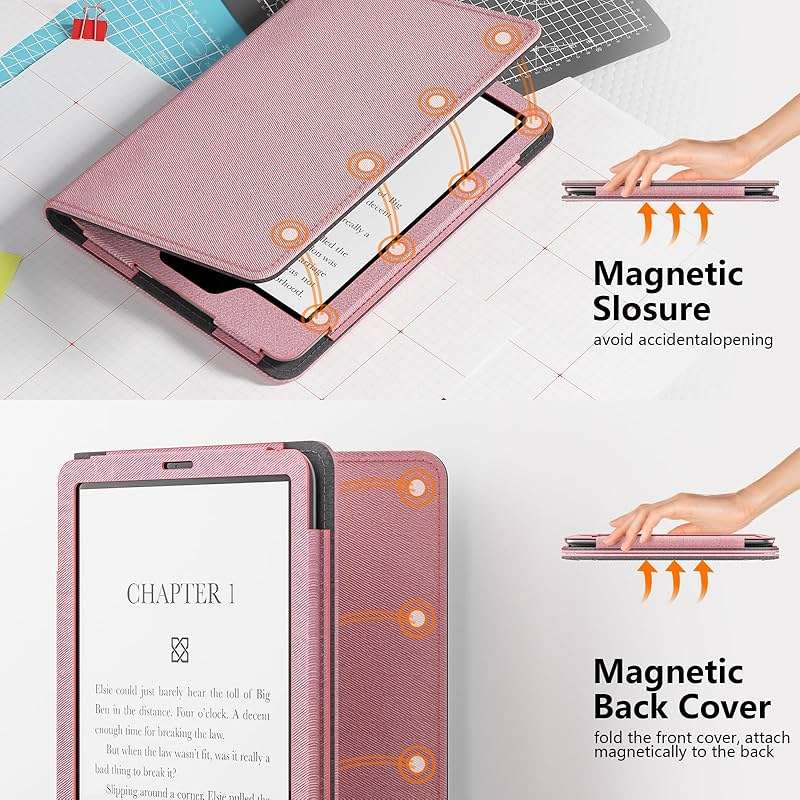 Lainergie Case for Kindle Paperwhite 7"/6.8" (12th/11th Gen, 2024/2021) & Kindle Colorsoft Signature Edition 2024, Slim PU Shell Cover with Stand, Hand Strap, Auto-Wake/Sleep Feature Not for TCL, Pink - Image 6