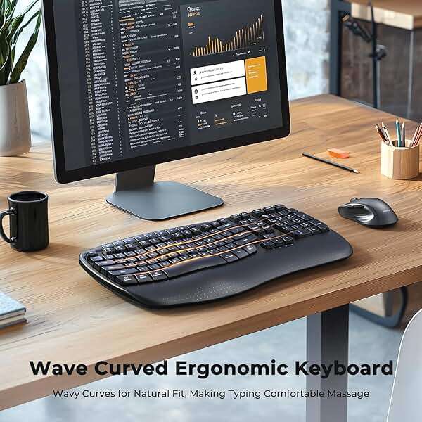 MEETION Ergonomic Keyboard and Mouse Wireless Combo, Wave Keys Natural Typing, 2.4G USB Receiver Wireless Keyboard with Wrist Rest, 4 Adjustable DPI Optical Mouse, Computer/Laptop/Windows/Mac, Black - Image 2
