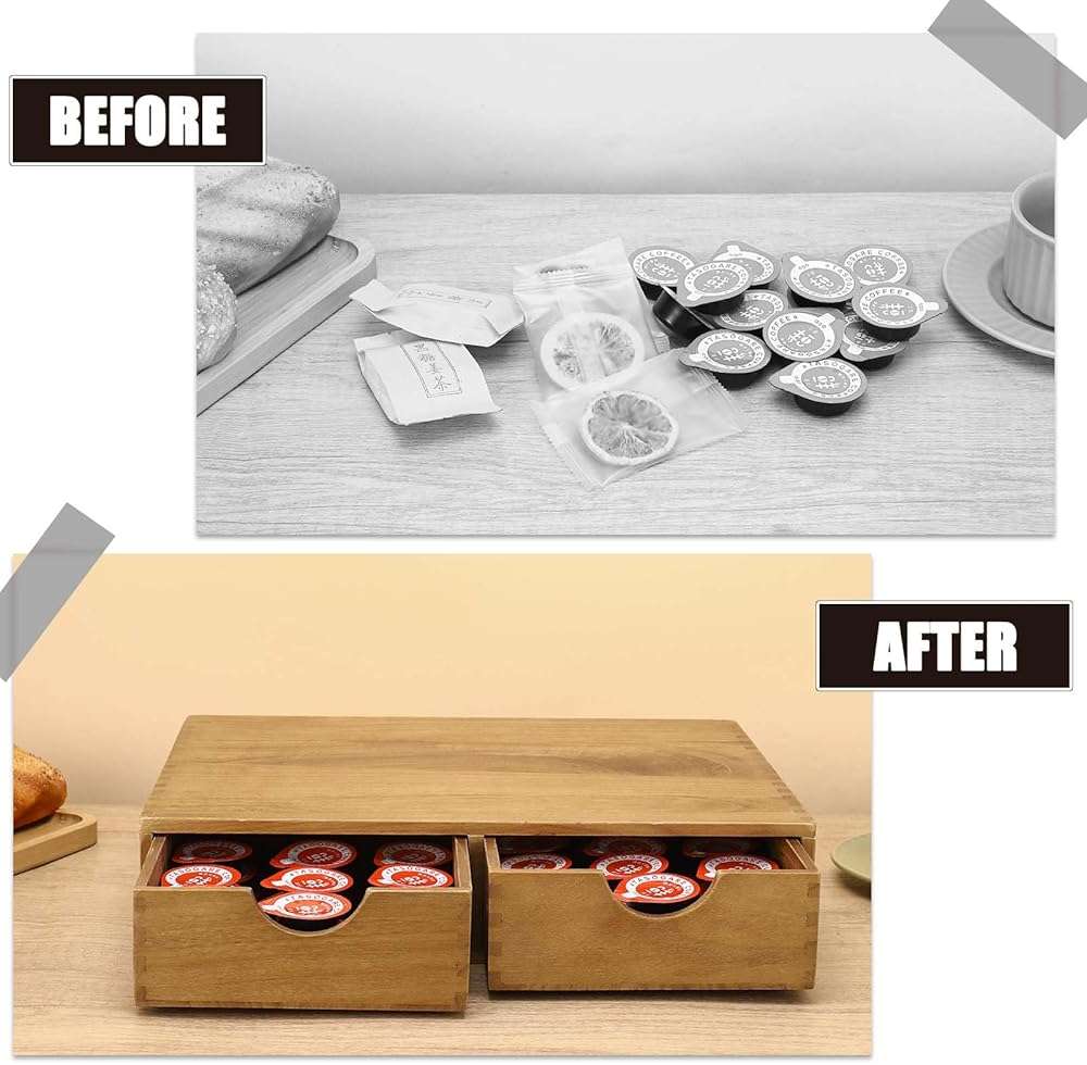 Wooden K Cup Organizer Coffee Pod Storage Box, Coffee Pods and Tea Organizer Holder, Multi Functional Desk Organizer Drawers for K-Cup Coffee Maker Brew, Coffee Station Accessories - Image 5