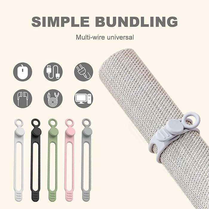 Data Cable Organizer, 2026 Upgrade Silicone Headphone Organizers, Silicone Cable Ties Reusable Cable Management Organizers Multipurpose Elastic Cord Organizer for Bundling and Fastening Cables (10Pcs) - Image 5