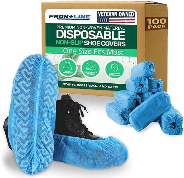Frontline Disposable Shoe Covers Non-Slip – Premium Non-Woven, Durable, Booties Shoe Protectors – Water Resistant Thick Anti-Slip - One Size Fits Most, Indoor Use (100 Pack) - Image 1