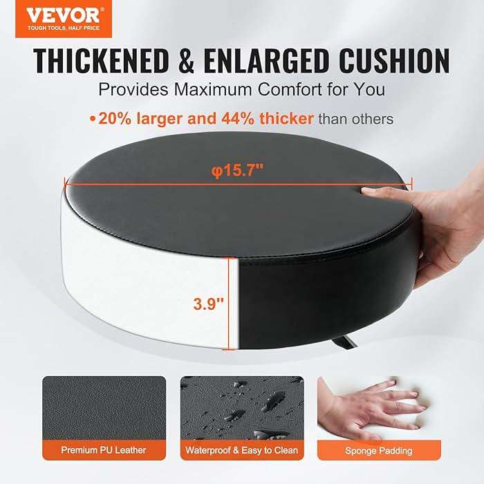 VEVOR Rolling Stools with Wheels, 400 LBS Weight Capacity Adjustable Height Stool with Ultra-Thick Seat Cushion, Swivel Stools Chair for Salon, Bar, Home, Office, Tatoo, Medical, Massage, Black - Image 3