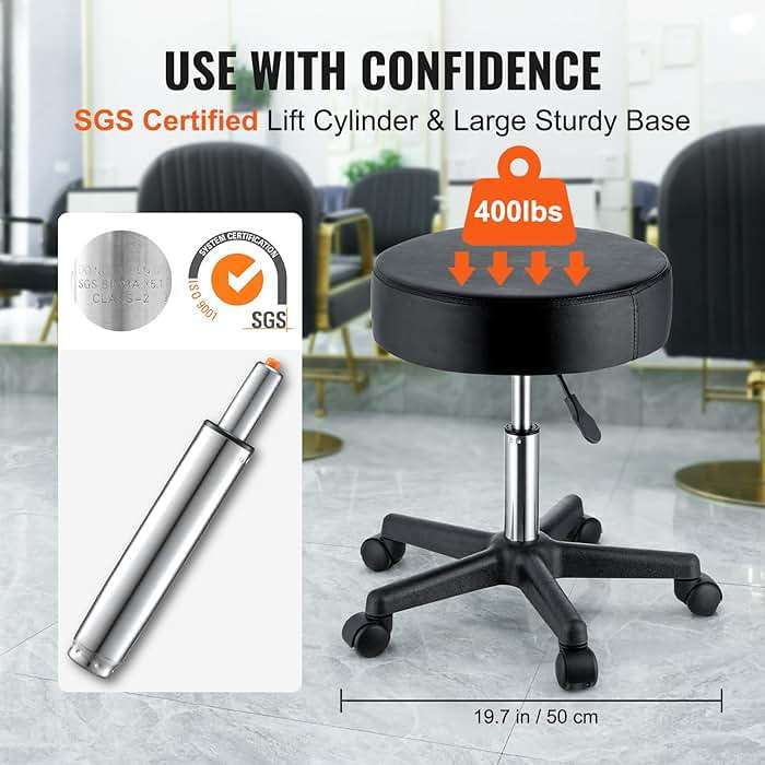 VEVOR Rolling Stools with Wheels, 400 LBS Weight Capacity Adjustable Height Stool with Ultra-Thick Seat Cushion, Swivel Stools Chair for Salon, Bar, Home, Office, Tatoo, Medical, Massage, Black - Image 4