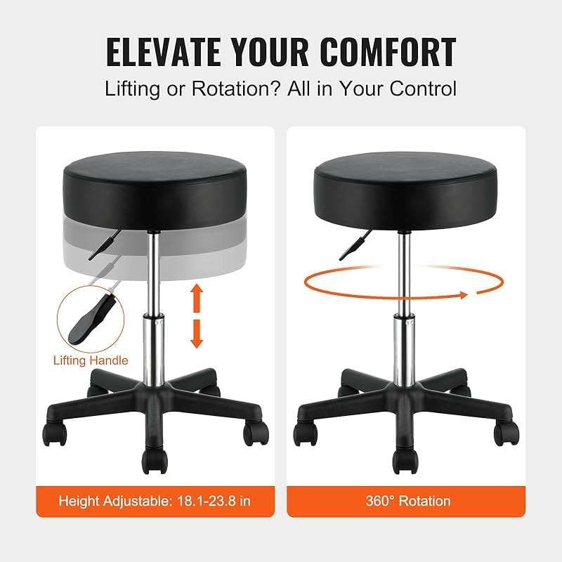 VEVOR Rolling Stools with Wheels, 400 LBS Weight Capacity Adjustable Height Stool with Ultra-Thick Seat Cushion, Swivel Stools Chair for Salon, Bar, Home, Office, Tatoo, Medical, Massage, Black - Image 5