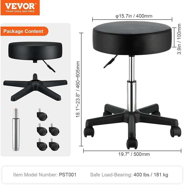 VEVOR Rolling Stools with Wheels, 400 LBS Weight Capacity Adjustable Height Stool with Ultra-Thick Seat Cushion, Swivel Stools Chair for Salon, Bar, Home, Office, Tatoo, Medical, Massage, Black - Image 8