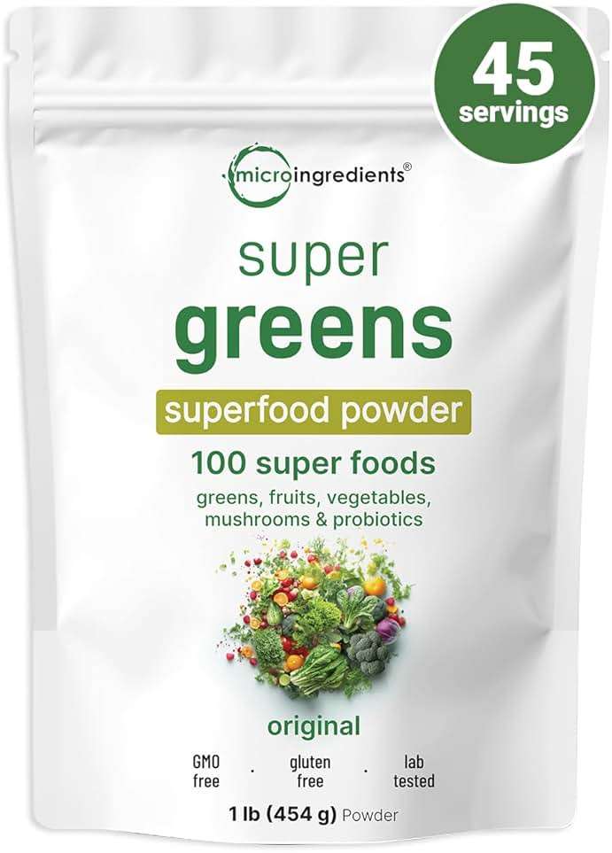 Micro Ingredients Super Greens Powder, 1lb | 100 Superfood Blend with Daily Greens, Probiotics, Fruits, Vegetables & Mushrooms | Source of Vegan Protein & Enzymes | Non-GMO, Gluten-Free, No Additives - Image 1