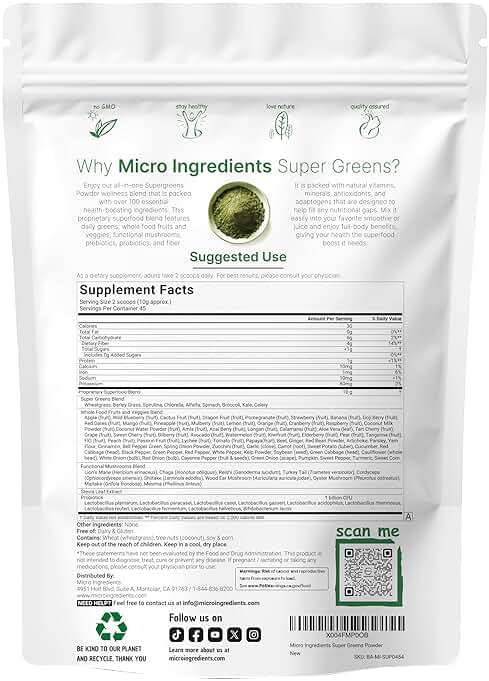 Micro Ingredients Super Greens Powder, 1lb | 100 Superfood Blend with Daily Greens, Probiotics, Fruits, Vegetables & Mushrooms | Source of Vegan Protein & Enzymes | Non-GMO, Gluten-Free, No Additives - Image 2