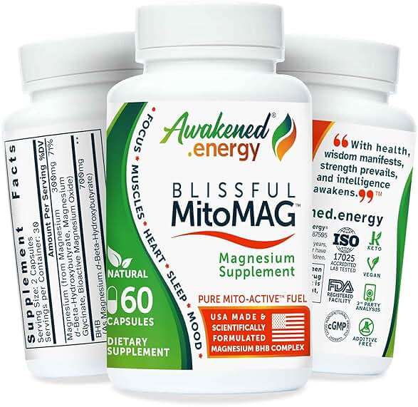 Blissful MitoMag – 300mg Elemental Magnesium Complex: Mg Glycinate, Mg BHB - Sleep Muscles Mood Energy Cognitive Focus Calm – All Natural, USA Made, No Additives – 60 Vegan Capsules Supplement - Image 1