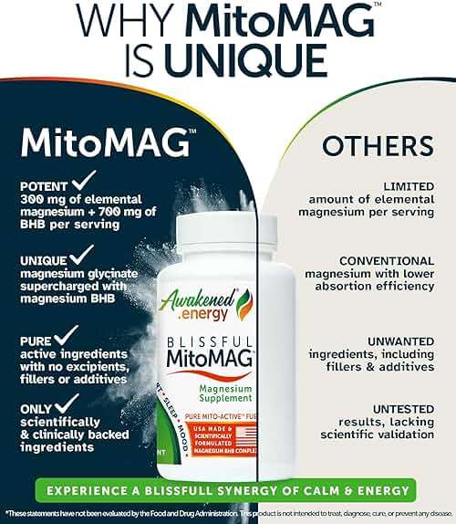 Blissful MitoMag – 300mg Elemental Magnesium Complex: Mg Glycinate, Mg BHB - Sleep Muscles Mood Energy Cognitive Focus Calm – All Natural, USA Made, No Additives – 60 Vegan Capsules Supplement - Image 3