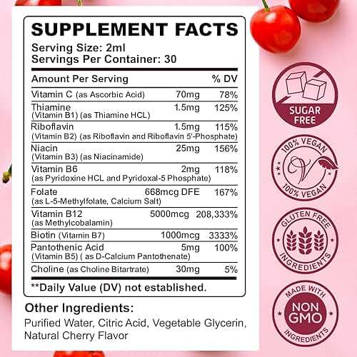 CFILIHTC Vitamin B Complex Liquid Drops, B Vitamins Complex Supplement with B1, B2, B3, B5 B6, B7, B9 & Methyl B12 Drops for Adults & Kids, Vegan, Cherry Flavor - Image 2