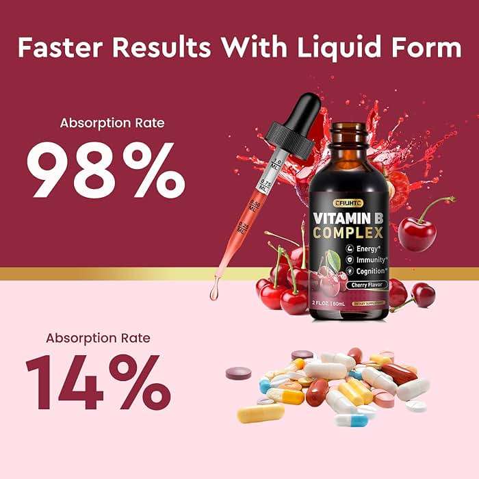 CFILIHTC Vitamin B Complex Liquid Drops, B Vitamins Complex Supplement with B1, B2, B3, B5 B6, B7, B9 & Methyl B12 Drops for Adults & Kids, Vegan, Cherry Flavor - Image 6
