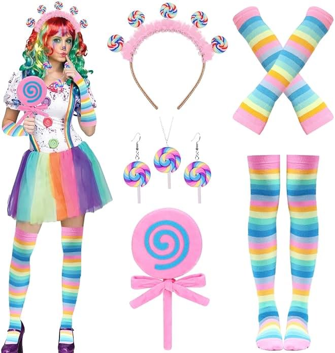 NinkyNonk Galentine's Day Candyland Costume Accessories Headband Sweet Rainbow Necklace Lollipop Earrings Jombo Handheld Candy Gloves Tights for Candy Theme Cosplay Accessories - Product Image