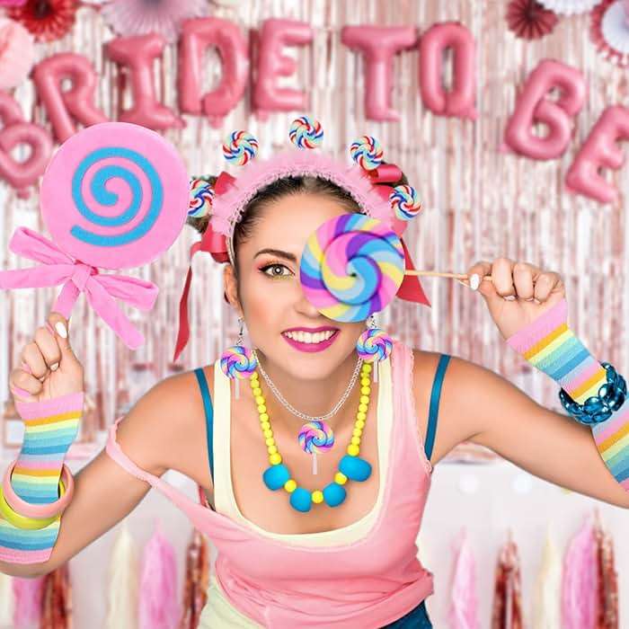 NinkyNonk Galentine's Day Candyland Costume Accessories Headband Sweet Rainbow Necklace Lollipop Earrings Jombo Handheld Candy Gloves Tights for Candy Theme Cosplay Accessories - Image 7