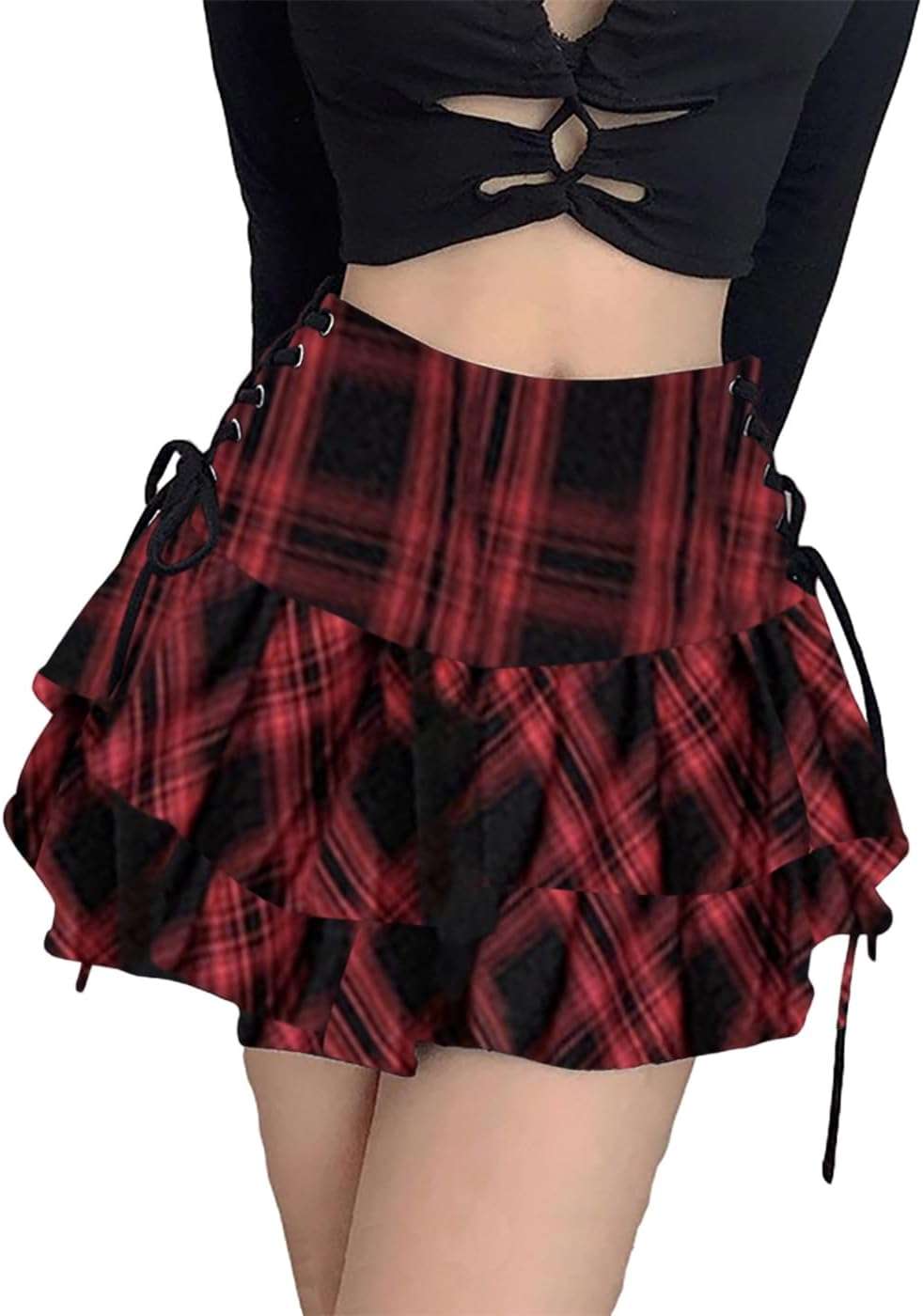 AULKEEP Womens Lace Up Skirts Goth Ruffle Mini Skirt Y2k Black High Waist Skirt Summer Punk Short Skirts - Image 1