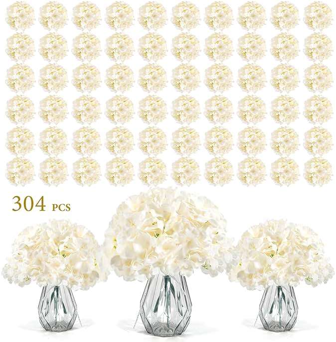 Auihiay 304PCS Hydrangea Artificial Flowers Bulk, Silk Artificial Hydrangea Flowers Heads with Stems, Faux Hydrangea Flowers for Home Table Centerpieces Wedding Arch Party Decoration (Champagne) - Image 1