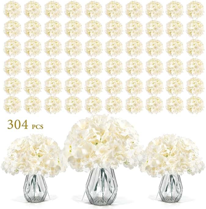Auihiay 304PCS Hydrangea Artificial Flowers Bulk, Silk Artificial Hydrangea Flowers Heads with Stems, Faux Hydrangea Flowers for Home Table Centerpieces Wedding Arch Party Decoration (Champagne) - Product Image