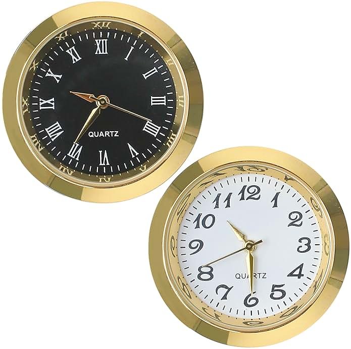 2PCS Mini Clock Face Insert Replacement, Fit 35mm (1.38") Hole Diameter, Round Inner Crystal Clock Roman Numeral Quartz Movement Miniature Metal Gold Tone Bezel Supplies for DIY Repair Craft Easy Read - Product Image