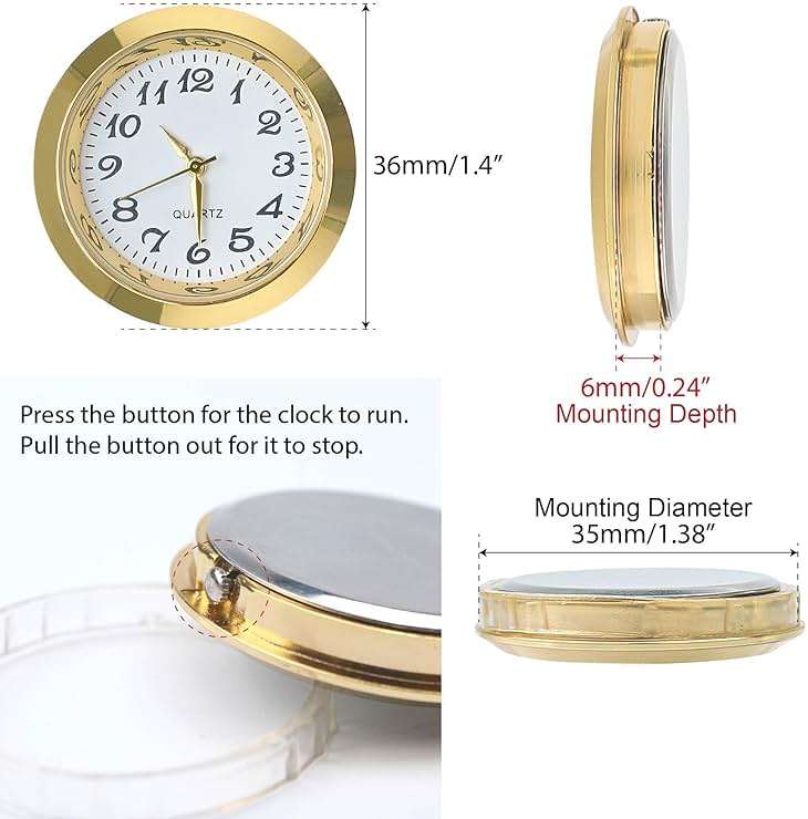 2PCS Mini Clock Face Insert Replacement, Fit 35mm (1.38") Hole Diameter, Round Inner Crystal Clock Roman Numeral Quartz Movement Miniature Metal Gold Tone Bezel Supplies for DIY Repair Craft Easy Read - Image 3