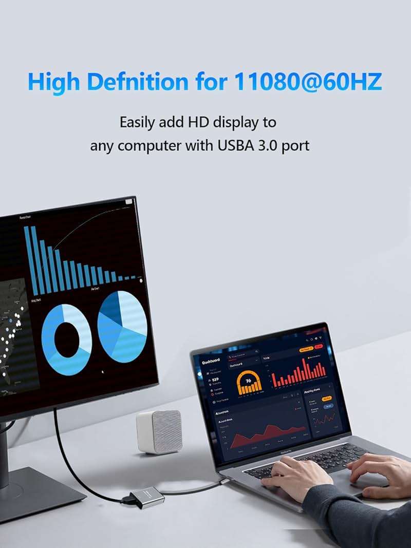 USB to HDMI Adapter for Monitor 1080P@60Hz Display with 5Gbps High Speed Transmission, Support Extend & Mirror Mode, Compatible with Window 7/10/11, Mac OS 10.15+, Laptop, Desktop, TV, Monitor, Silver - Image 2