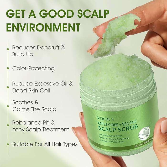 VOERUY Apple Cider Scalp Scrub, 2-in-1 AHA & BHA Scalp Exfoliator Shampoo, Detox Treatment with Sea Salt, Clarify and Remove Build Up with Silicone Scalp Massager, 10.6oz/300g - Image 3