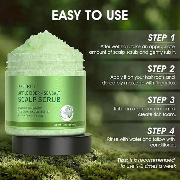 VOERUY Apple Cider Scalp Scrub, 2-in-1 AHA & BHA Scalp Exfoliator Shampoo, Detox Treatment with Sea Salt, Clarify and Remove Build Up with Silicone Scalp Massager, 10.6oz/300g - Image 7