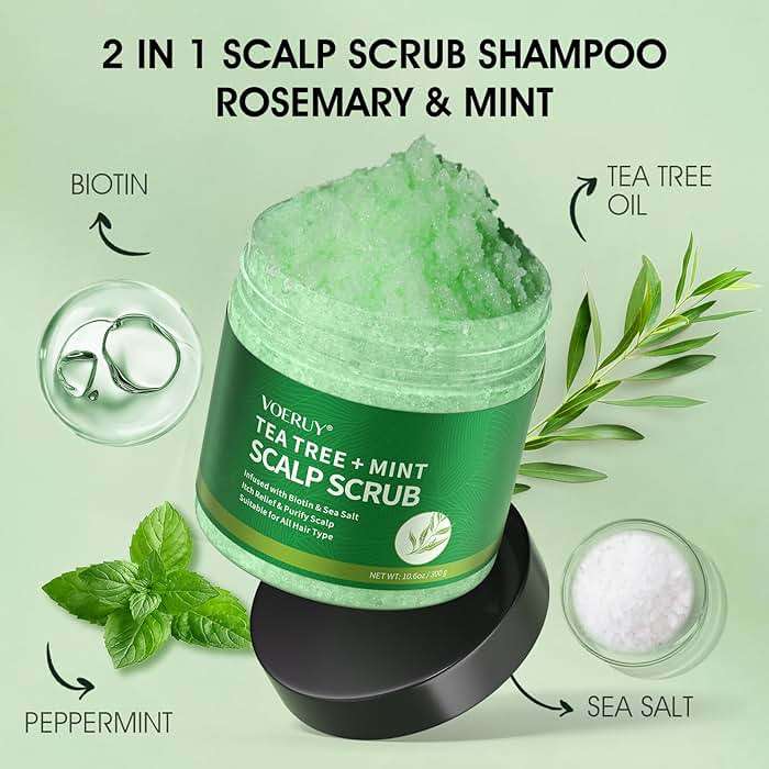 VOERUY Scalp Scrub, Tea Tree Scalp Exfoliator Scrub Shampoo, 2-in-1 Scalp Treatment with Mint Oil, Hair Treatment to Clarify and Remove Build up with Silicone Scalp Massager, 10.6oz/300g - Image 2
