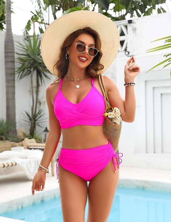 Blooming Jelly Womens High Waisted Bikini Sets Drawstring Tummy Control Swimsuits Crisscross Tie Back Bathing Suit - Image 2
