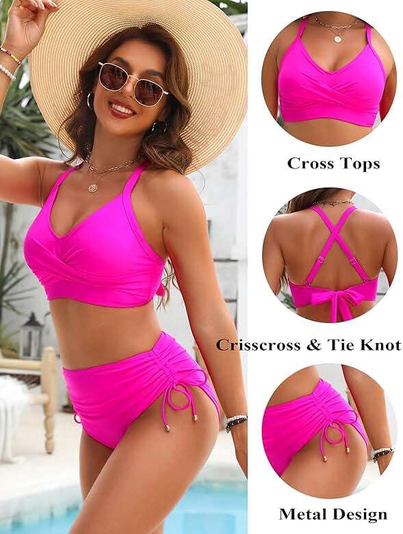 Blooming Jelly Womens High Waisted Bikini Sets Drawstring Tummy Control Swimsuits Crisscross Tie Back Bathing Suit - Image 4