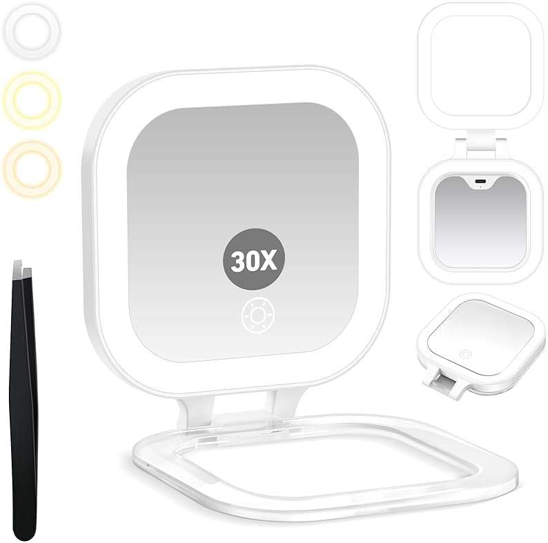 GOMIPURU Travel Mirror with Light, Compact Mirrors, 1x/30x Magnifying Mirror with 3 Color Lights and Adjustable Brightness, 4.5x3.9 inch Small Compact Hangable Hand Pocket Mirrors, Comes with Tweezer - Image 1