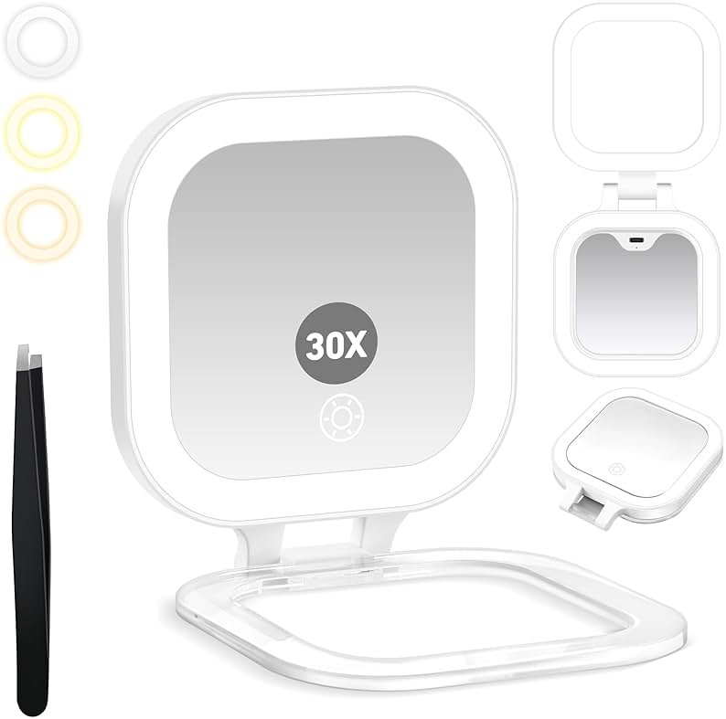 GOMIPURU Travel Mirror with Light, Compact Mirrors, 1x/30x Magnifying Mirror with 3 Color Lights and Adjustable Brightness, 4.5x3.9 inch Small Compact Hangable Hand Pocket Mirrors, Comes with Tweezer - Product Image