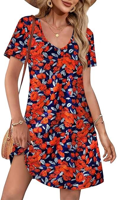 OFEEFAN Summer Dresses for Women 2026 Loose V Neck Short Sleeve Casual T Shirt Dress Sundresses Swimsuit Coverup with Pockets - Product Image