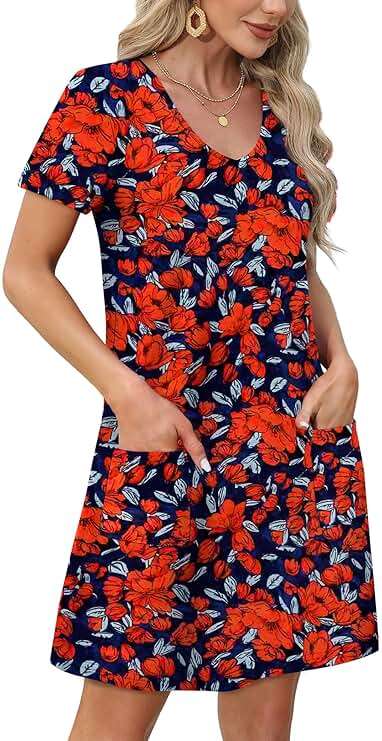OFEEFAN Summer Dresses for Women 2026 Loose V Neck Short Sleeve Casual T Shirt Dress Sundresses Swimsuit Coverup with Pockets - Image 3