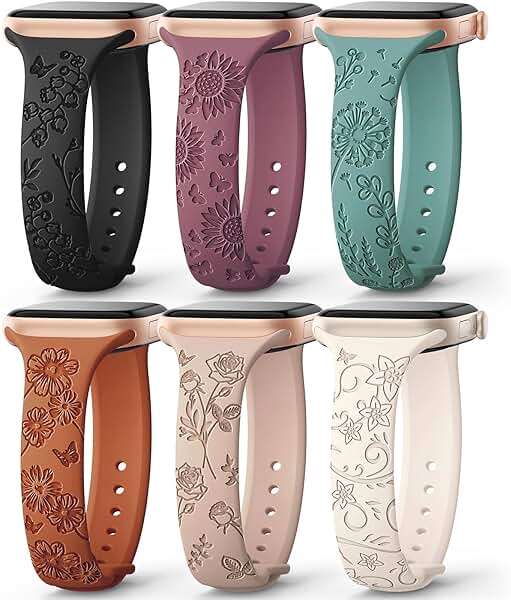 AMSKY 6 Pack Slim Floral Engraved Bands Compatible with Apple Watch Band 40mm 41mm 42mm 38mm 44mm 45mm 46mm 49mm for Women,Cute Silicone Sport Strap for iWatch Series 11 10 Ultra 9 8 7 6 5 4 3 2 1 SE - Image 1
