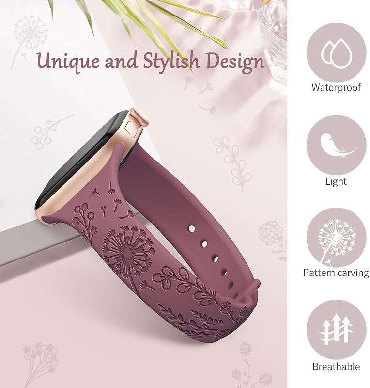 AMSKY 6 Pack Slim Floral Engraved Bands Compatible with Apple Watch Band 40mm 41mm 42mm 38mm 44mm 45mm 46mm 49mm for Women,Cute Silicone Sport Strap for iWatch Series 11 10 Ultra 9 8 7 6 5 4 3 2 1 SE - Image 2